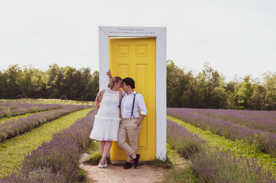 proposal, engagement shoot, Terre bleu, lavender farm, yellow door